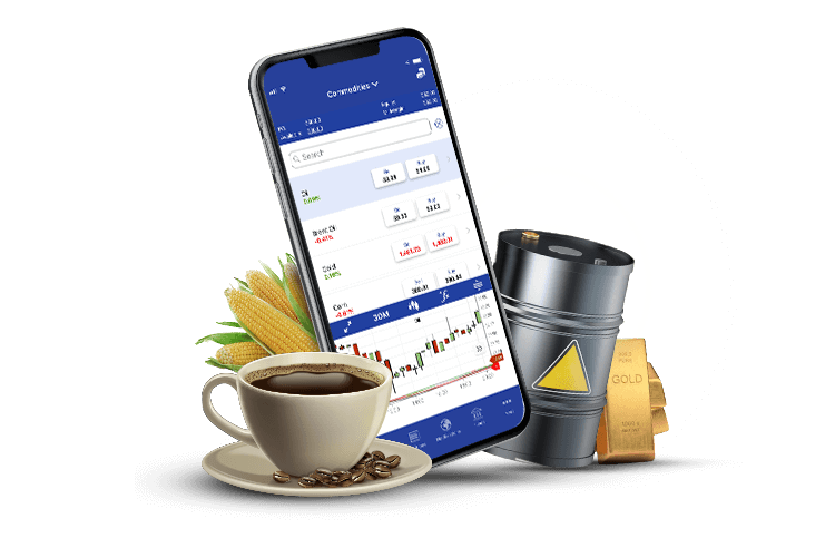 iPhone-App und Kaffee, Mais, Öl, Gold